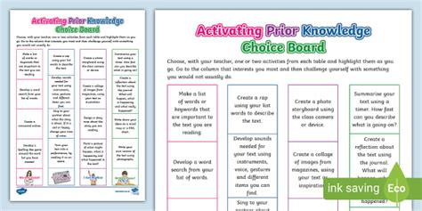 Activating Prior Knowledge Choice Board Twinkl