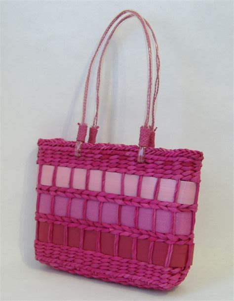 Pink Straw Purse Ribbon Trim Tote Handbag Double Handles Fabric Lined