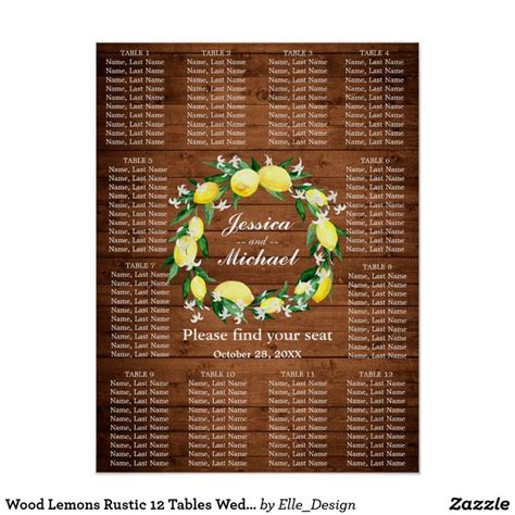 Wood Lemons Rustic 12 Tables Wedding SEATING CHART Seating Chart