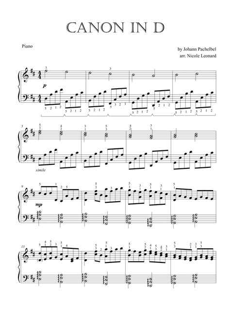 Canon In D Pachelbel Intermediate Piano Arr Nicole Leonard By