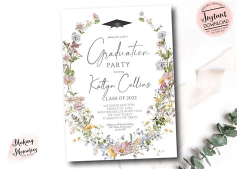 Editable Wildflower Graduation Party Invitation Graduation Etsy