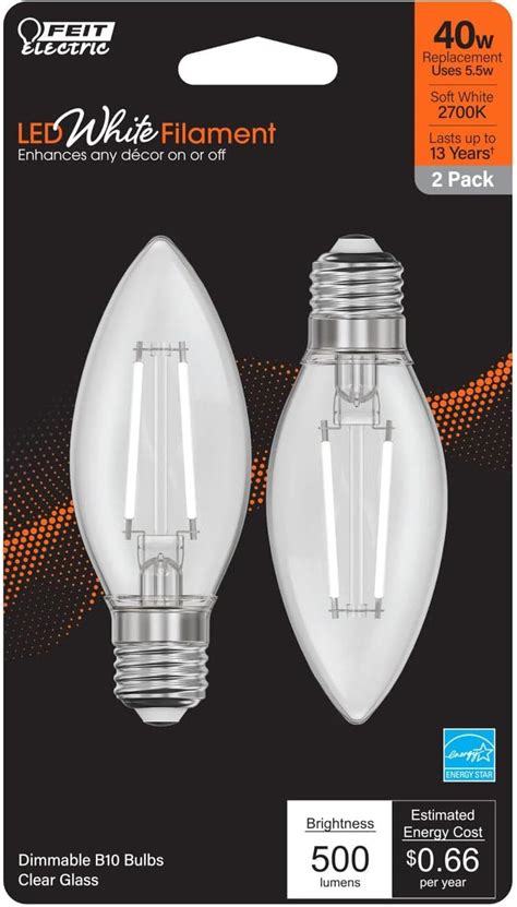 Feit B10 E26 Medium Filament Led Bulb Soft White 60 Watt Equivalence 2 Pk