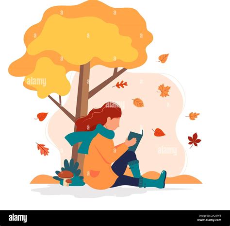 Mujer sentada con el libro bajo el árbol en otoño Ilustración