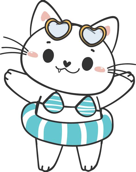 Cute Summer Funny Playful Kitten Cat In Sexy Bikini Swimsuit Cartoon Doodle Hand Drawing