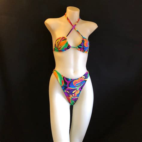 Vintage 80s Style High Cut Bikini Set Etsy