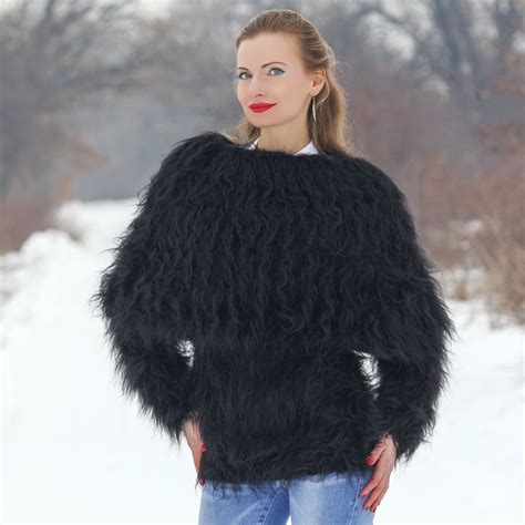 Black Cowl Neck Sweater Fuzzy Hand Knit Fluffy Top Jumper Blouse