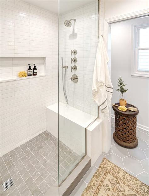 White Shower Wall Tiles With Gray Grid Shower Floor Tiles