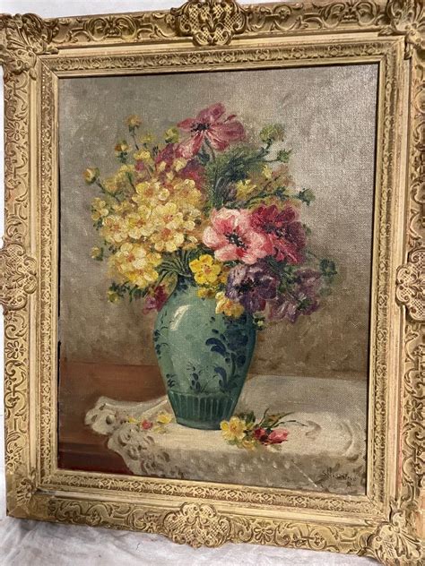 Inv Antique Still Life Oil Painting Of Flower Bouquet Signed S