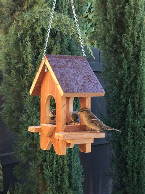 Hanging Wood Bird Feeder Bird House With Roof Hand Crafted Etsy