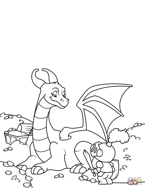 Knight and Dragon Guarding Treasure coloring page | Free Printable