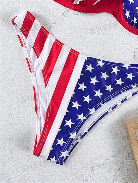 SHEIN Swim Vcay Conjunto De Bikini De Verano Impreso Con Bandera Americana Y Piezas Separadas