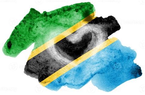 Tanzania Flag Is Depicted In Liquid Watercolor Style Isolated On White