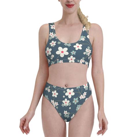 Adobk Blue Flower Print Women High Waisted Bikini Set Sports Swimsuit