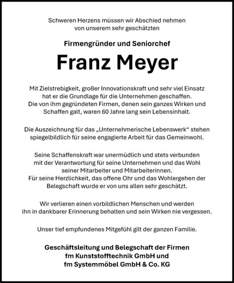 Traueranzeigen Von Franz Meyer Nordwest Trauer De