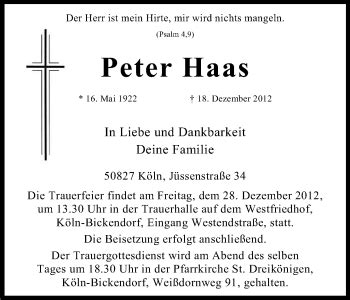 Traueranzeigen Von Peter Haas Wirtrauern