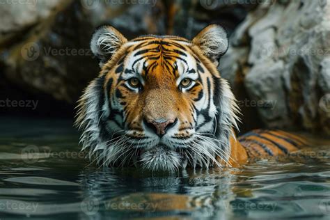 Ai Generated Portrait Of Tiger Swims In Water Of A Pond Stock