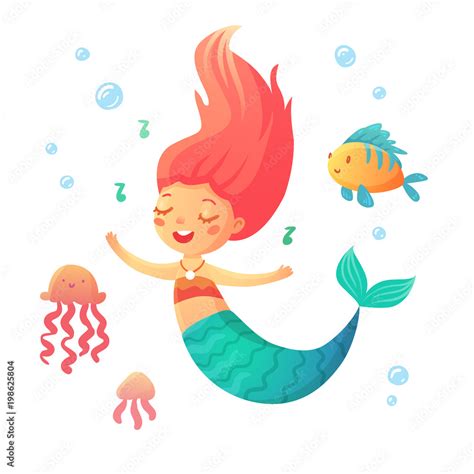 Cute singing mermaid in cartoon style. Fairytale illustration for kids in vector. Stock Vector ...