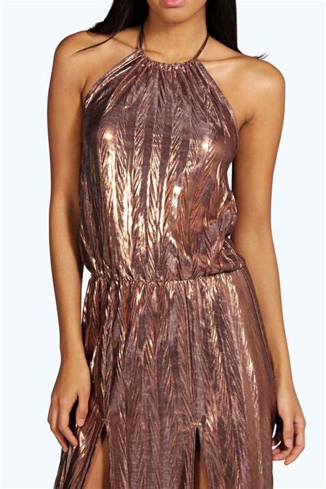 Boohoo Womens Rosie Metallic Pleated Halter Maxi Dress Ebay