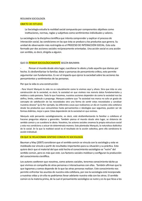 Resumen Sociología RESUMEN SOCIOLOGÍA OBJETO DE ESTUDIO La