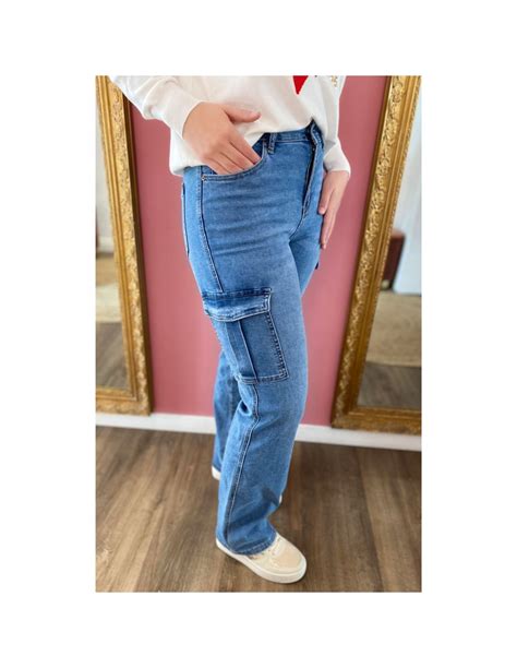 Jean Cargo Femme Bleu Clair Taille Haute Stretch Poches Coupe