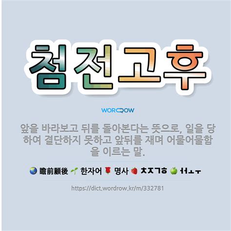 🌟첨전고후 앞을 바라보고 뒤를 돌아본다는 뜻으로 일을 당하여 결단하지 못하고 앞뒤를 재며 어물어물함을 표준국어대사전