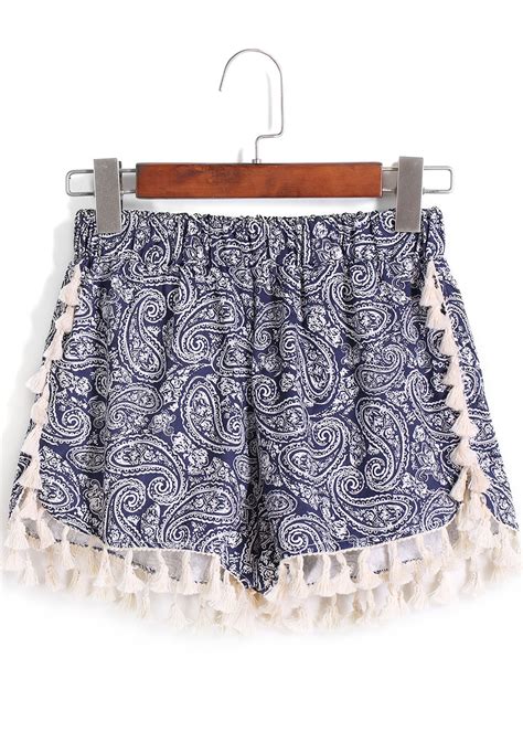 Blue Elastic Waist Cashew Print Tassel Shortsfor Women Romwe