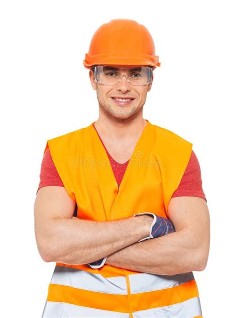 Portrait Of Happy Handyman In Uniform Stock Photo Image Of Belt