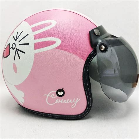 Helm Bogo Retro Kulit Motif Conny Pink Kaca Bubble Helm Cewe Cewek