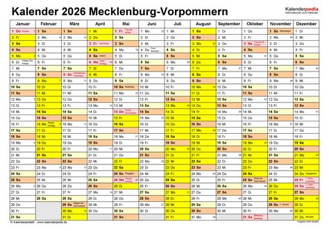 Kalender 2026 Mecklenburg Vorpommern Ferien Feiertage PDF Vorlagen