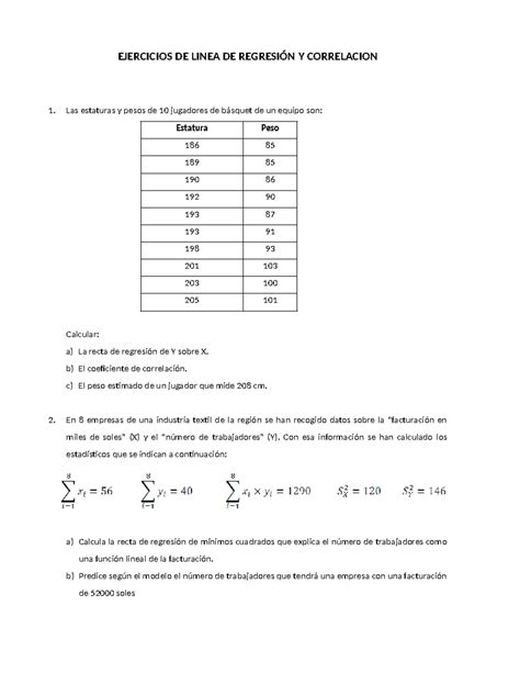 Ejercicios De Regresión Lineal Y Correlación Ejercicios De Linea De RegresiÓn Y Correlacion