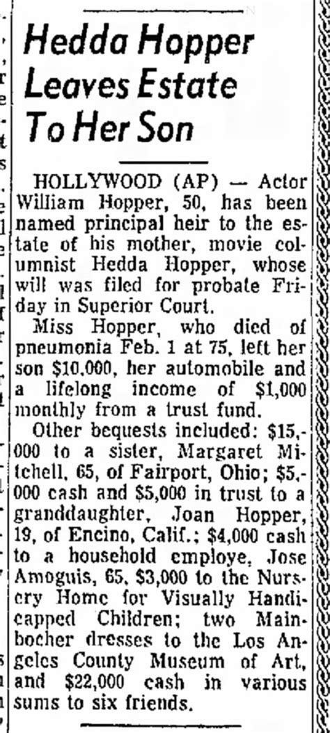 Hedda Hopper Leaves Estate to Her Son - Actor William Hopper age 50 in ...