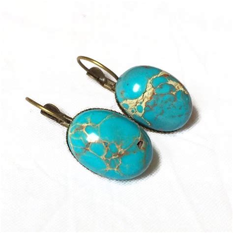 Oval Turquoise Bronze Gilded Sleepers In Blue Sea Ocean Jasper Stone