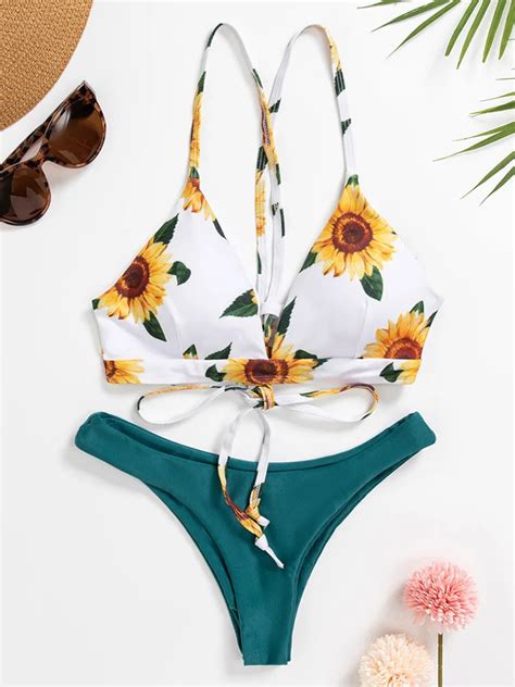 Sunflower Printed Bikini Set Sexy Swimwear Women 2022 Mujer Push Up Padded Biquini Bathers
