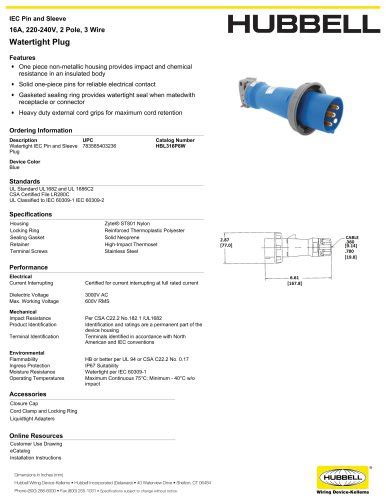 240V Hubbell Wiring Systems HBL316R6W Shore Power Receptacle With