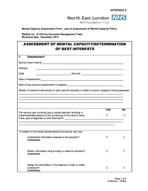 Fillable Online Mental Capacity Assessment Form Part Of Assessment Of