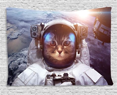 Space Cat Tapestry, Astrounaut Cosmonaut Cat in Suit with Space ...