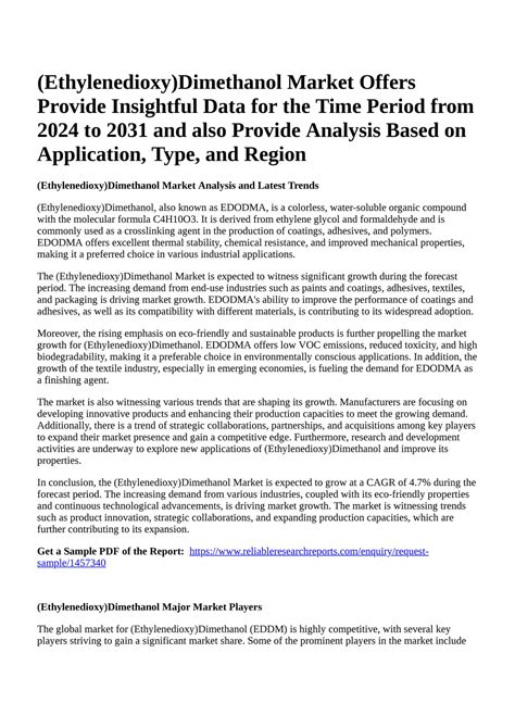 Reportprime Ethylenedioxy Dimethanol Market Offers Provide