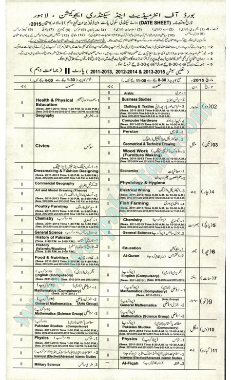 Bise Lahore Datesheet For Matric Annual Exam 2015 Page01