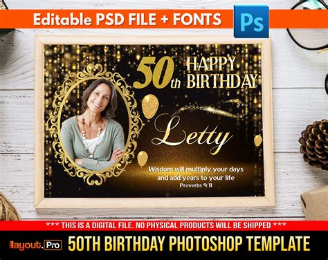 50th Golden Birthday, 50th Birthday PSD Template, 50th Birthday Photoshop, Golden Theme, Elegant ...