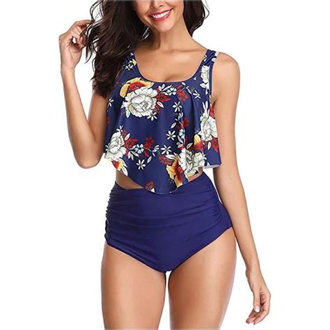 Maillots de Bain Femmes 2 Pieces à Volants Vintage Taille Haute à Plage Floral Bikini Set Rétro