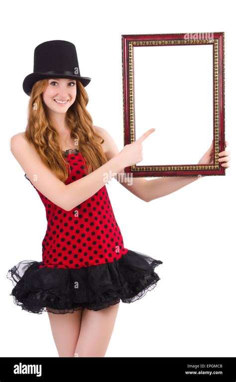 Pretty Girl In Red Polka Dot Dress With Picture Frame Isolated On White