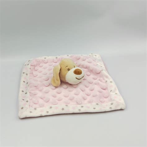 Doudou plat carré chien rose blanc étoiles TOM KIDDY TOMKIDS