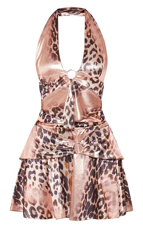 Leopard Print Halterneck Ring Tiered Mini Dress Dresses