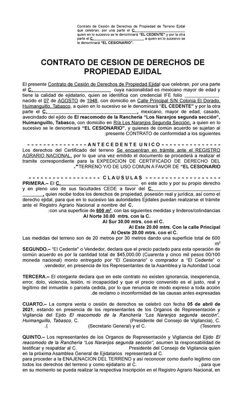 Contrato De Sesion De Derechos Ejidales Contrato De Cesion De