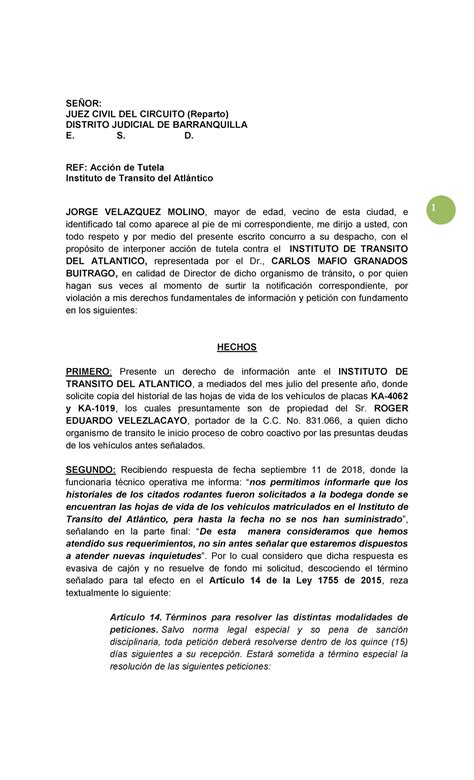 Accion De Tutela Por Violacion Del Debido Proceso 1 SeÑor Juez Civil