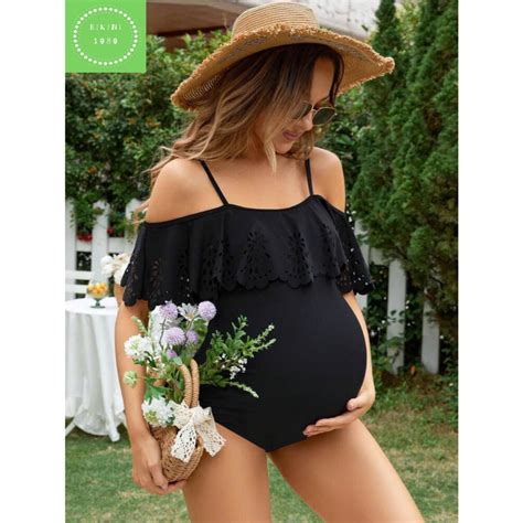 Bikini Bộ Bơi liền một mảnh bèo vai đục lỗ dành cho bà bầu mẹ mang thai đi biển phong cách nhẹ