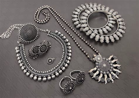 Oxidised Jewellery Set of 7, With Long Necklace, German Silver ...