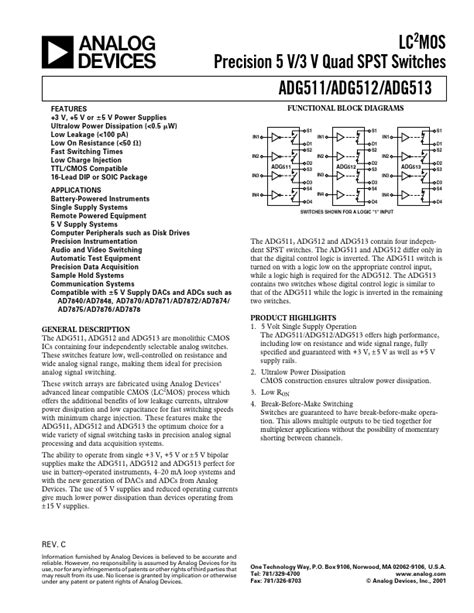 Adg Datasheet Lc Mos Precision V V Quad Spst Switches