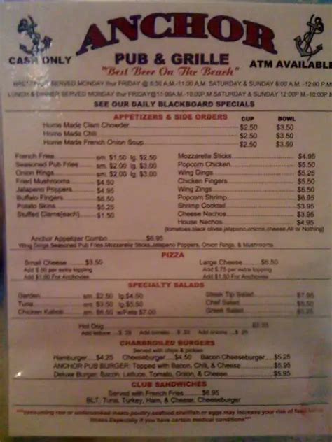 Menu at Anchor Pub & Grille, Beverly