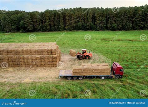 Farmer Unloading Round Bales Of Straw From Hay Trailer With A Front End